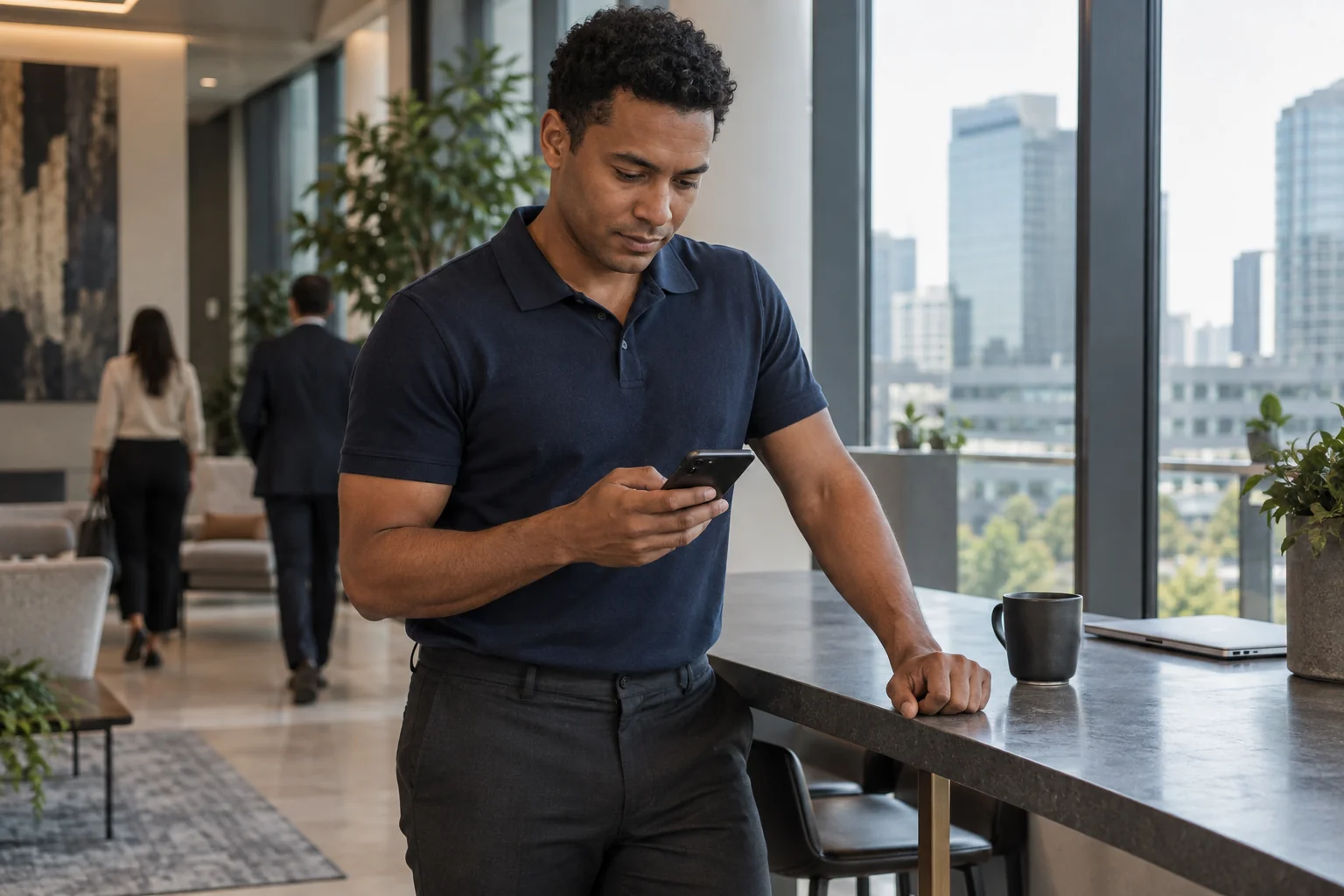 A business professional checking his phone in a modern office lounge