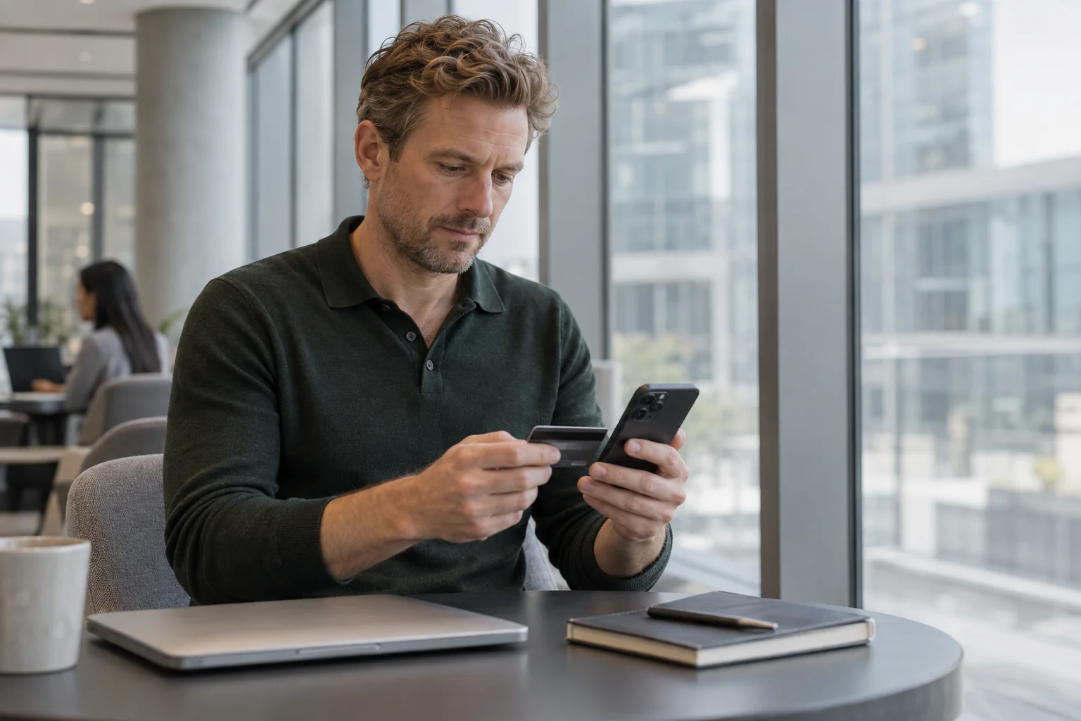 A technology consultant completing a payment on his phone.