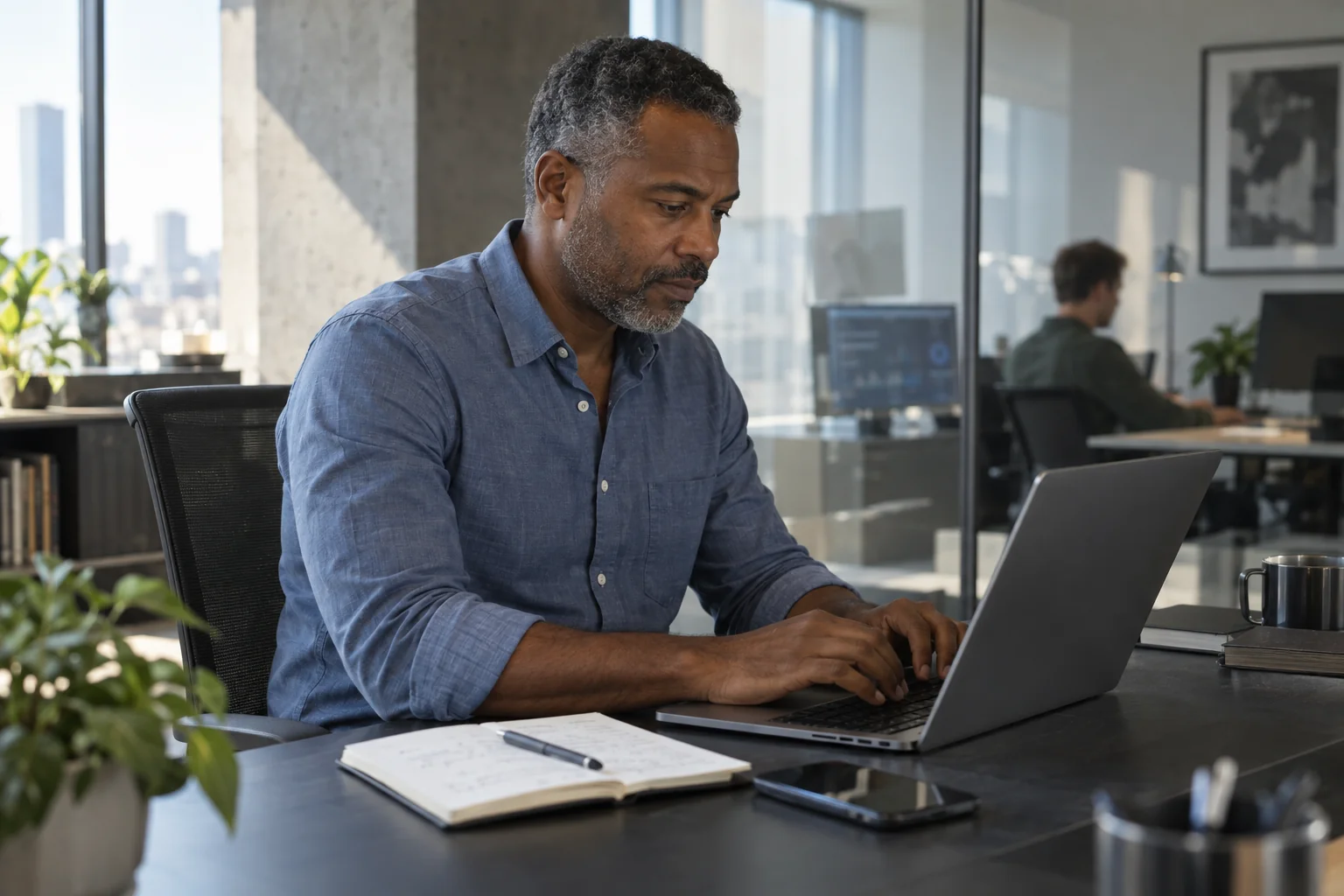 A commerce operations professional reviewing his work in a modern office